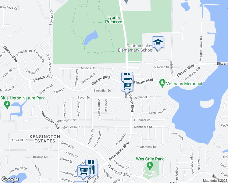 map of restaurants, bars, coffee shops, grocery stores, and more near 1741 West Acadian Drive in Deltona