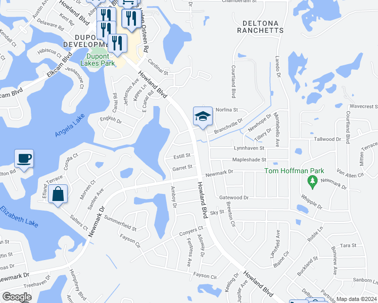 map of restaurants, bars, coffee shops, grocery stores, and more near 2968 Estill Street in Deltona