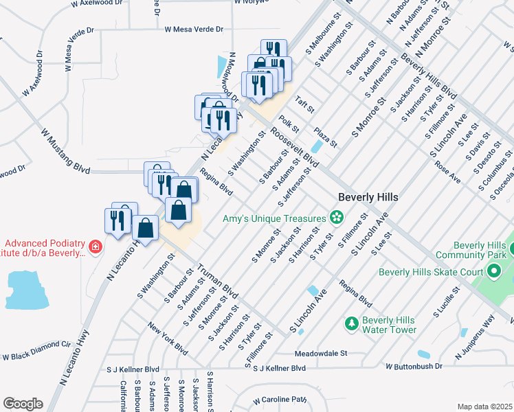 map of restaurants, bars, coffee shops, grocery stores, and more near 124 South Adams Street in Beverly Hills