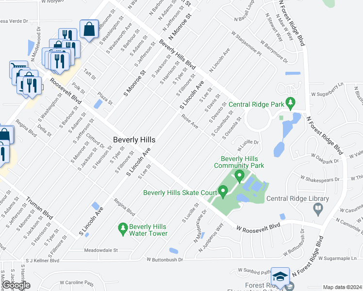 map of restaurants, bars, coffee shops, grocery stores, and more near 49 South Davis Street in Beverly Hills