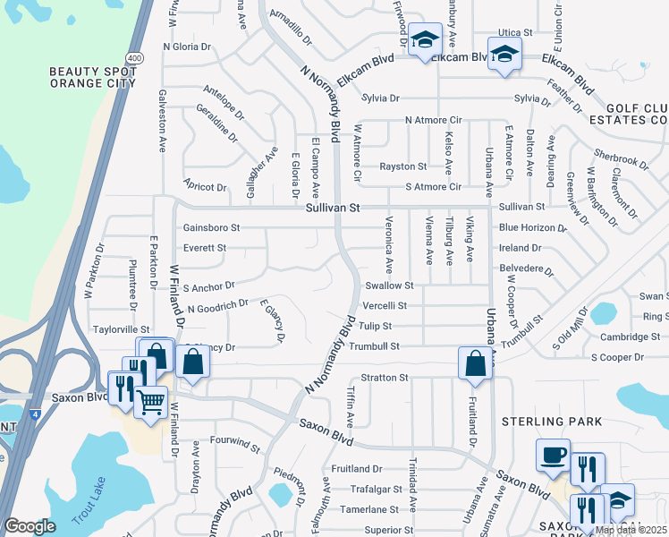 map of restaurants, bars, coffee shops, grocery stores, and more near 728 Elwood Street in Deltona