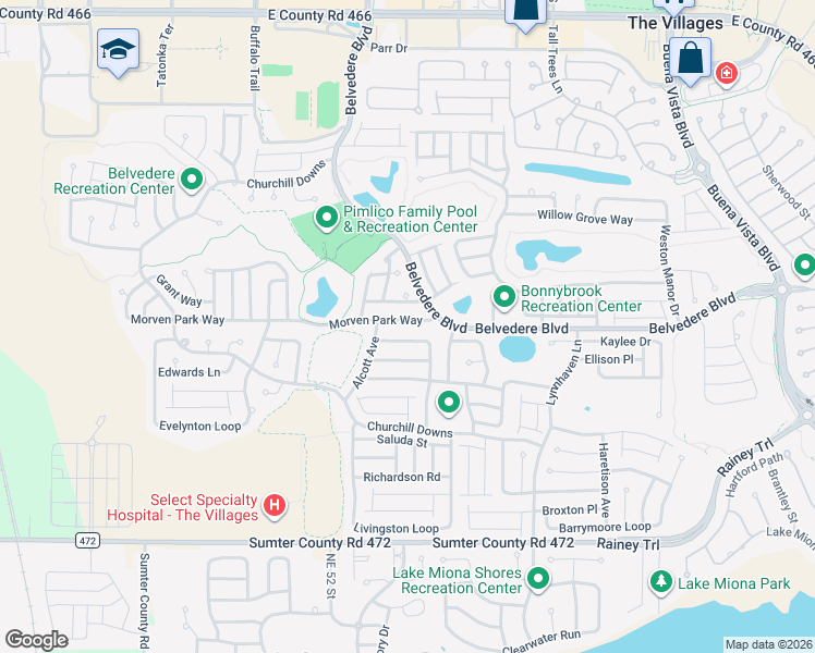 map of restaurants, bars, coffee shops, grocery stores, and more near 2421 Morven Park Way in The Villages