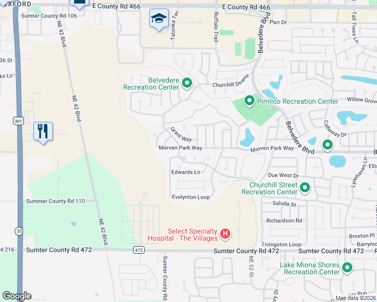map of restaurants, bars, coffee shops, grocery stores, and more near 2749 Morven Park Way in The Villages