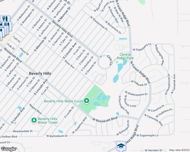 map of restaurants, bars, coffee shops, grocery stores, and more near 896 West Penn Hills Court in Beverly Hills