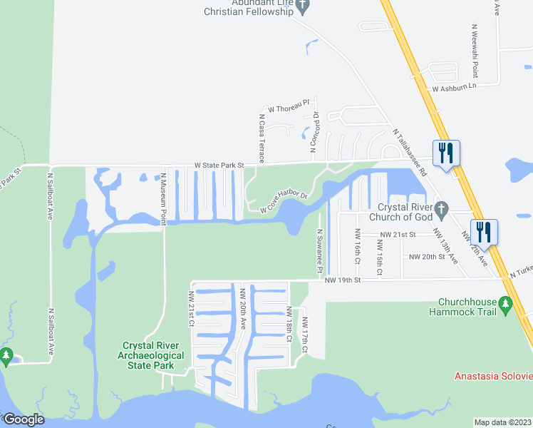map of restaurants, bars, coffee shops, grocery stores, and more near 11222 West Cove Harbor Drive in Crystal River