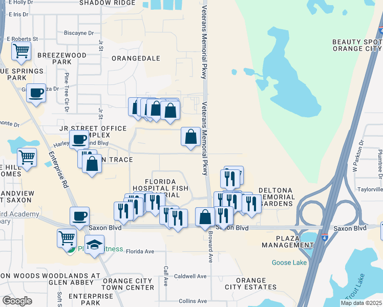 map of restaurants, bars, coffee shops, grocery stores, and more near 1065 Harley Strickland Boulevard in Orange City