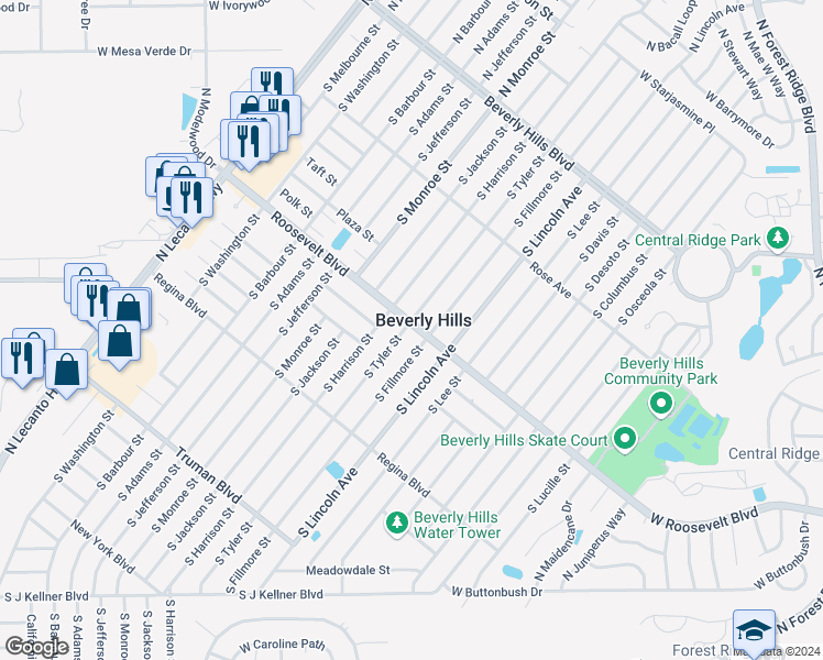 map of restaurants, bars, coffee shops, grocery stores, and more near in Beverly Hills
