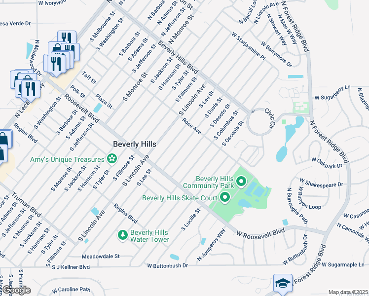 map of restaurants, bars, coffee shops, grocery stores, and more near 47 South Davis Street in Beverly Hills