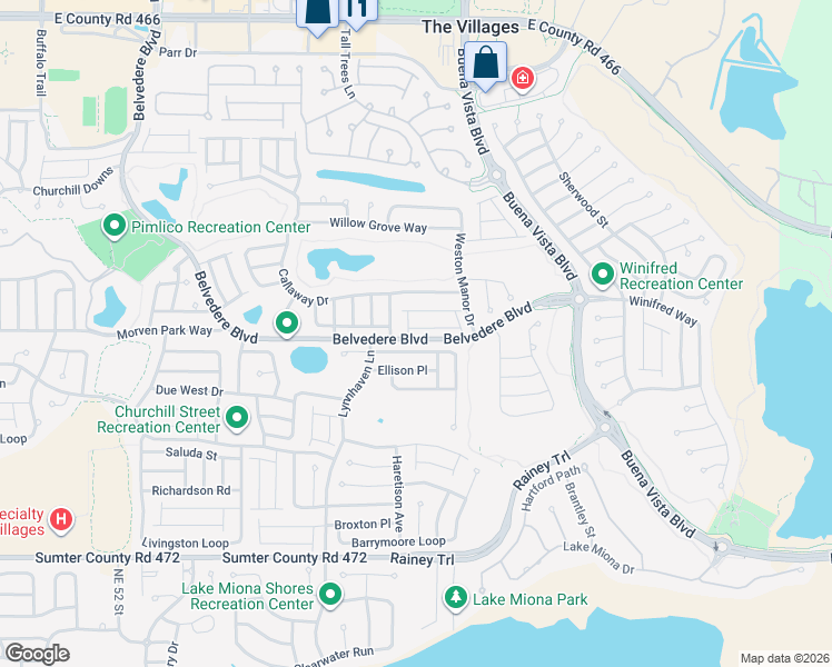 map of restaurants, bars, coffee shops, grocery stores, and more near 677 Greensboro Avenue in The Villages