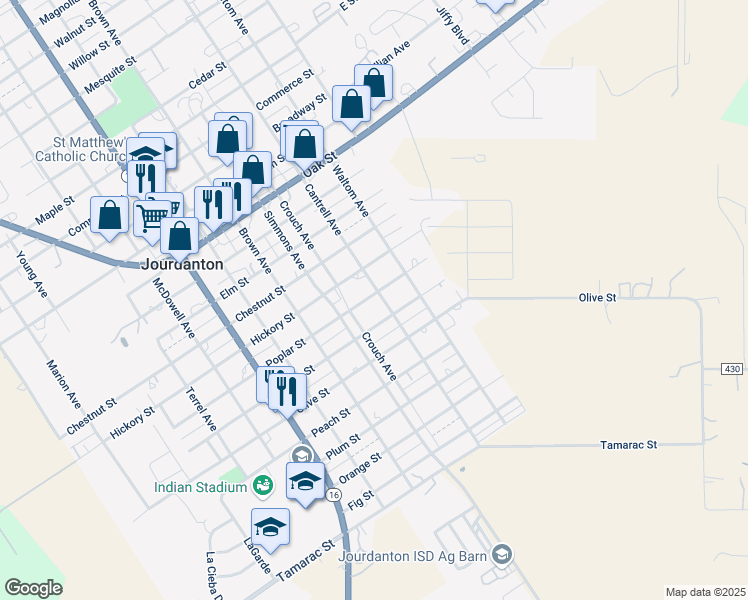 map of restaurants, bars, coffee shops, grocery stores, and more near 708 Cantrell Avenue in Jourdanton