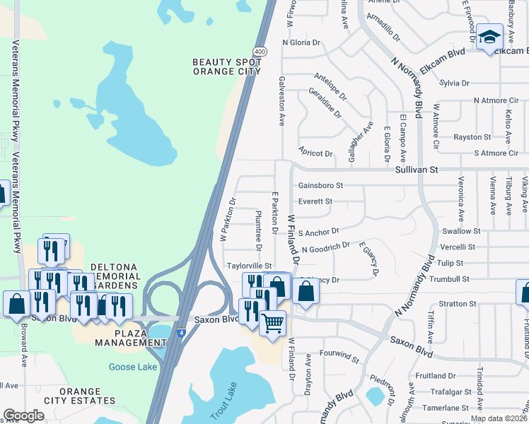 map of restaurants, bars, coffee shops, grocery stores, and more near 1907 Palmtree Drive in Deltona