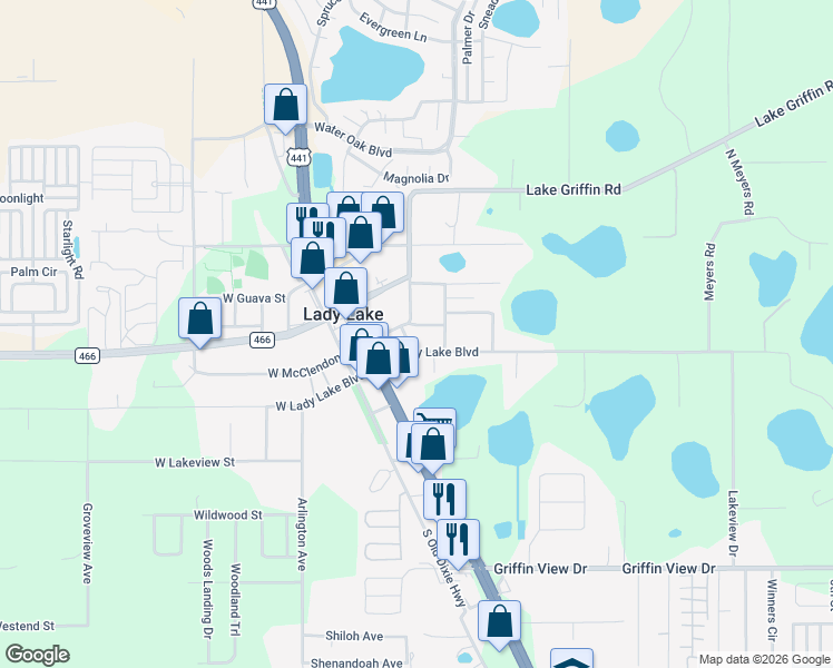 map of restaurants, bars, coffee shops, grocery stores, and more near 112 East Mc Clendon Street in Lady Lake
