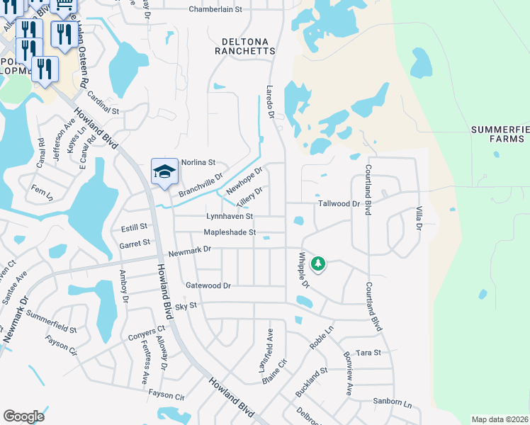 map of restaurants, bars, coffee shops, grocery stores, and more near 1851 Montebello Avenue in Deltona