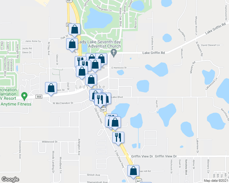 map of restaurants, bars, coffee shops, grocery stores, and more near 112 East Mc Clendon Street in Lady Lake