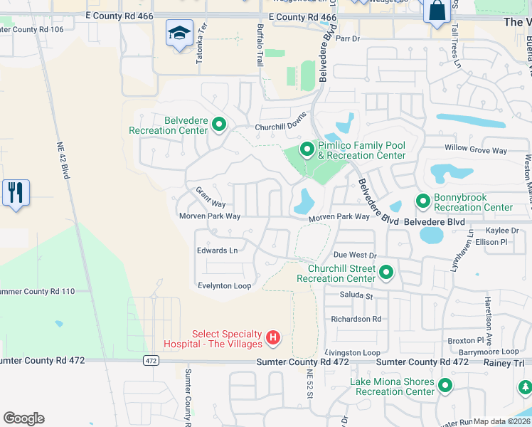 map of restaurants, bars, coffee shops, grocery stores, and more near 670 Evelynton Loop in The Villages