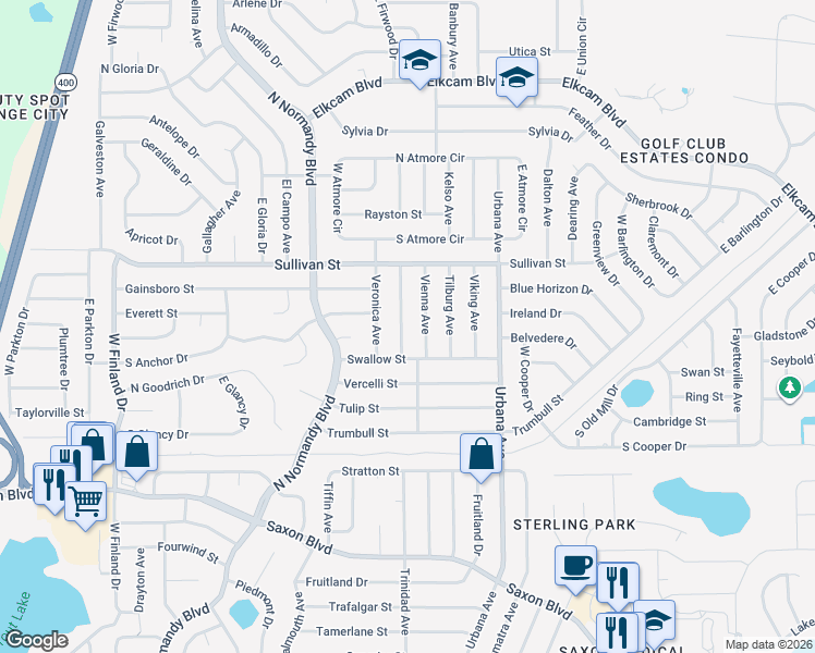 map of restaurants, bars, coffee shops, grocery stores, and more near 1911 Algonquin Avenue in Deltona
