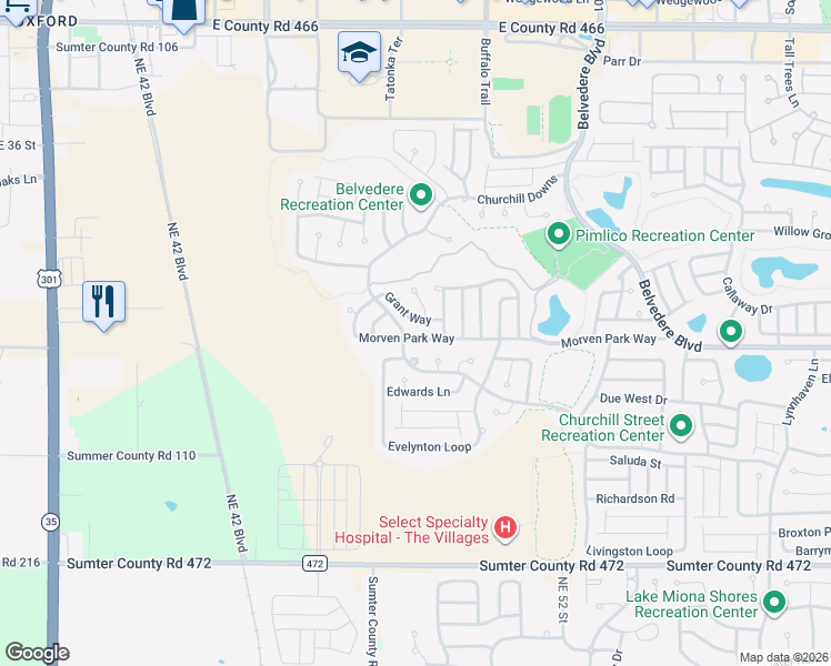 map of restaurants, bars, coffee shops, grocery stores, and more near 2749 Morven Park Way in The Villages