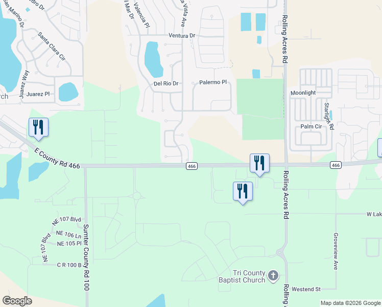 map of restaurants, bars, coffee shops, grocery stores, and more near 107 Costa Mesa Drive in Lady Lake