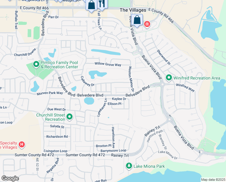 map of restaurants, bars, coffee shops, grocery stores, and more near 677 Greensboro Avenue in The Villages
