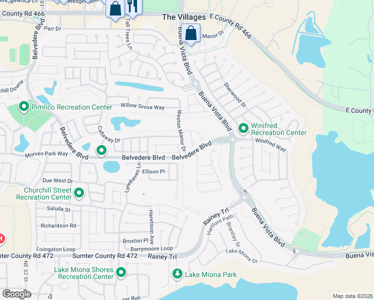 map of restaurants, bars, coffee shops, grocery stores, and more near 665 Weston Manor Drive in The Villages