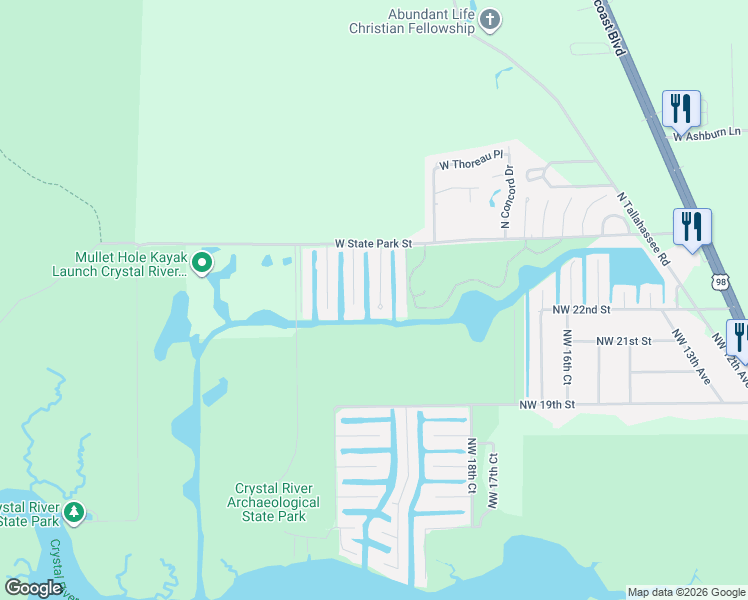 map of restaurants, bars, coffee shops, grocery stores, and more near 3840 North Calusa Point in Crystal River