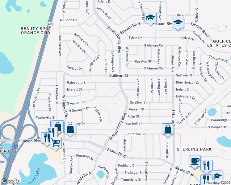 map of restaurants, bars, coffee shops, grocery stores, and more near 728 Elwood Street in Deltona