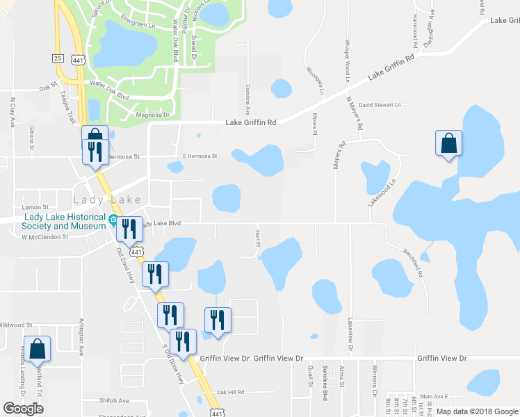 map of restaurants, bars, coffee shops, grocery stores, and more near 423 East Lady Lake Boulevard in Lady Lake