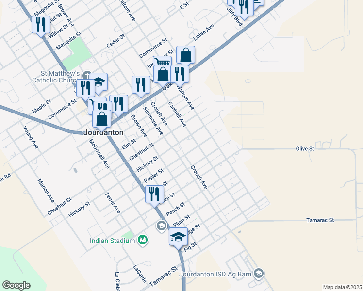 map of restaurants, bars, coffee shops, grocery stores, and more near 1104 Hickory Street in Jourdanton