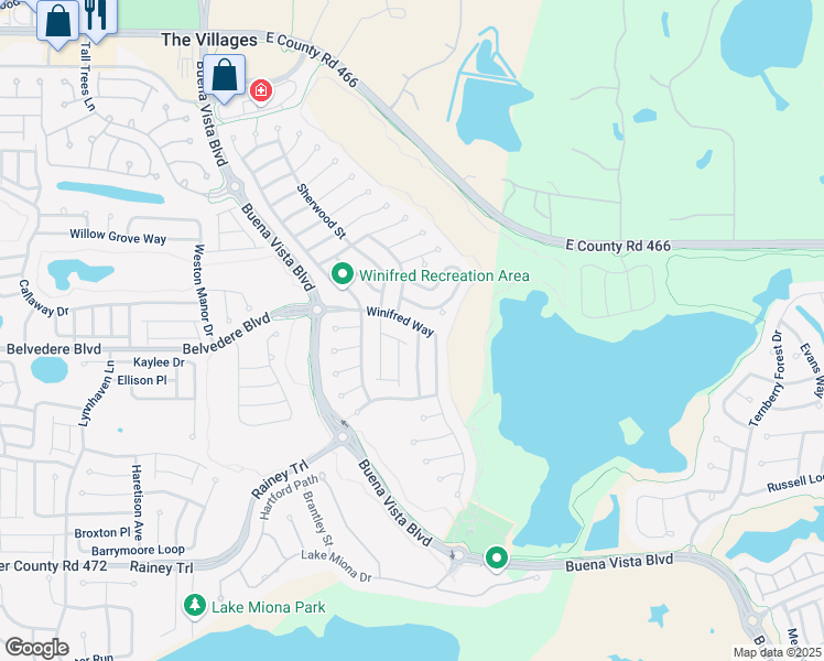 map of restaurants, bars, coffee shops, grocery stores, and more near 632 Winifred Way in The Villages