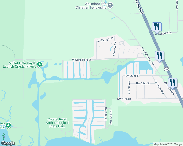 map of restaurants, bars, coffee shops, grocery stores, and more near 11099 West Harbor Watch Loop in Crystal River