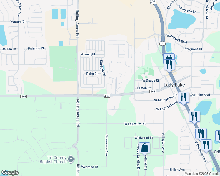 map of restaurants, bars, coffee shops, grocery stores, and more near 511 County Road 466 in Lady Lake