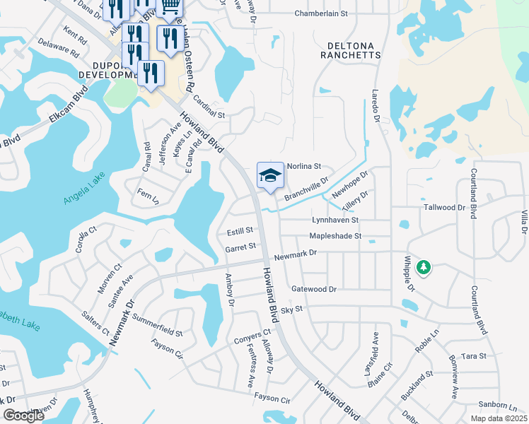 map of restaurants, bars, coffee shops, grocery stores, and more near 1831 Gatewood Drive in Deltona