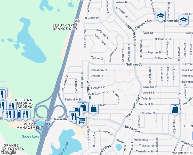 map of restaurants, bars, coffee shops, grocery stores, and more near 559 Everett Street in Deltona