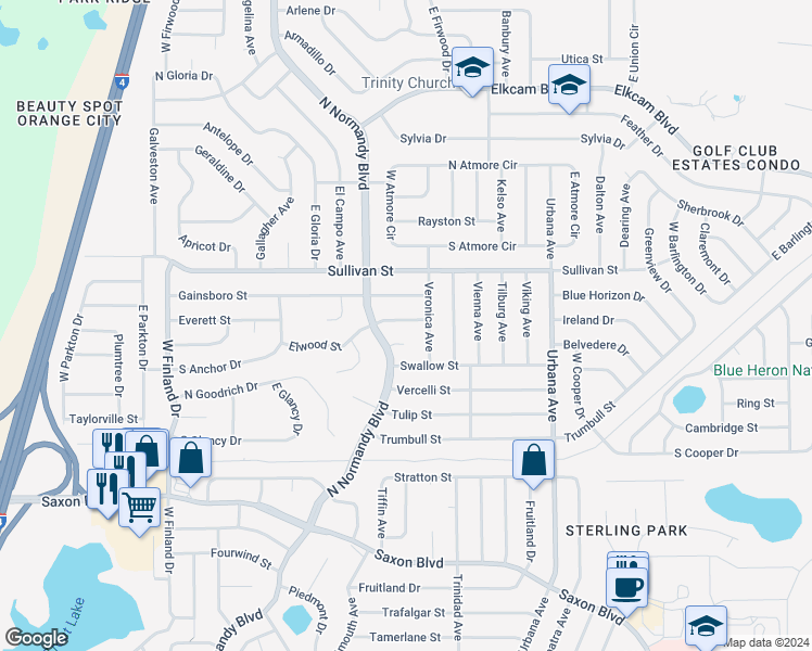 map of restaurants, bars, coffee shops, grocery stores, and more near 791 Elwood Street in Deltona