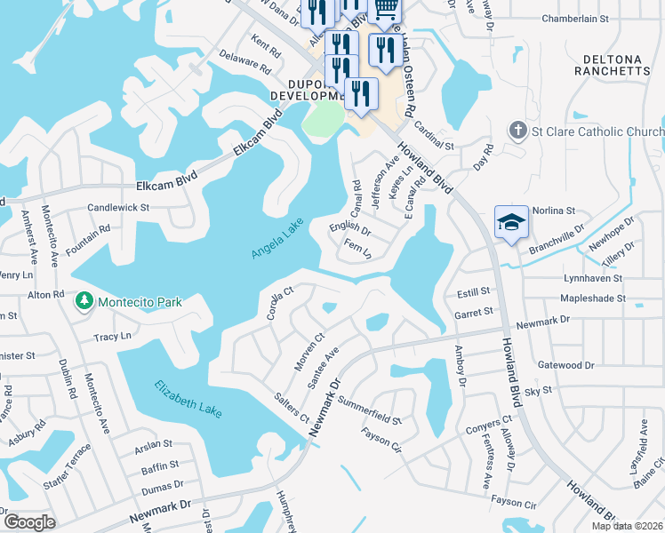 map of restaurants, bars, coffee shops, grocery stores, and more near 2701 Canal Road in Deltona