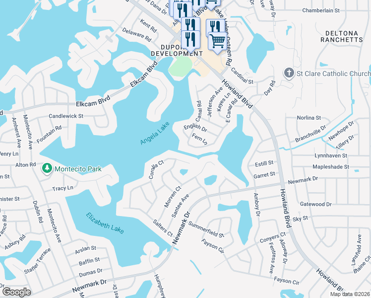 map of restaurants, bars, coffee shops, grocery stores, and more near 2701 Canal Road in Deltona