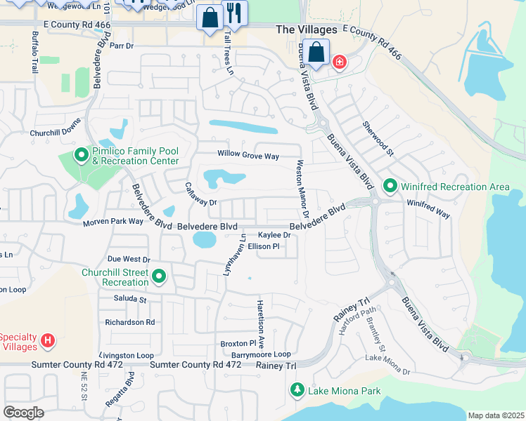 map of restaurants, bars, coffee shops, grocery stores, and more near 677 Greensboro Avenue in The Villages