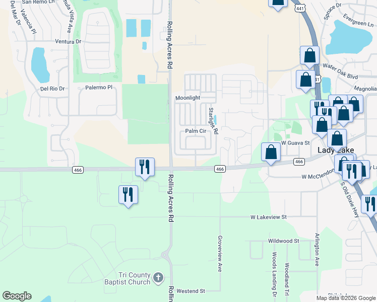 map of restaurants, bars, coffee shops, grocery stores, and more near Moonlight in Lady Lake