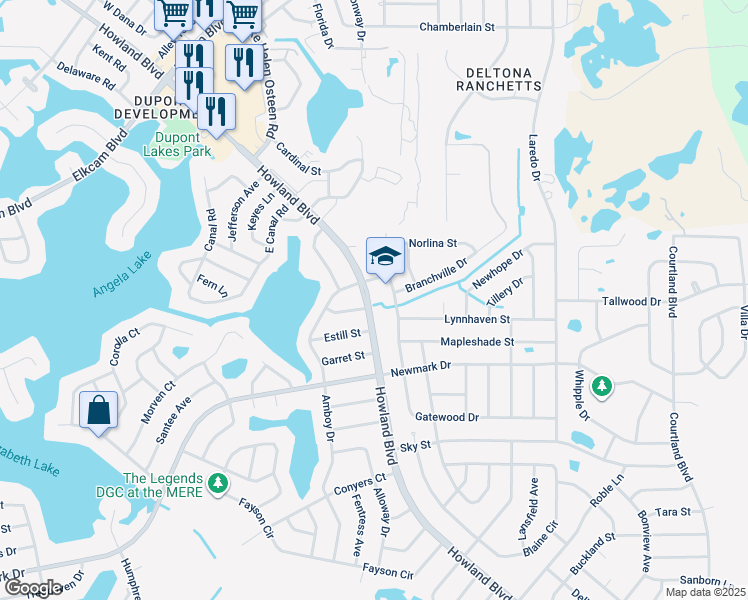 map of restaurants, bars, coffee shops, grocery stores, and more near 1864 Howland Boulevard in Deltona