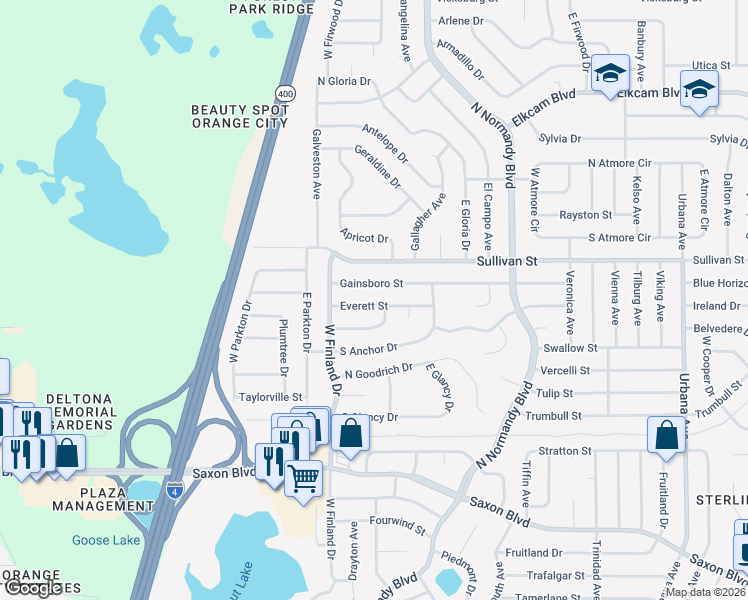 map of restaurants, bars, coffee shops, grocery stores, and more near 559 Everett Street in Deltona