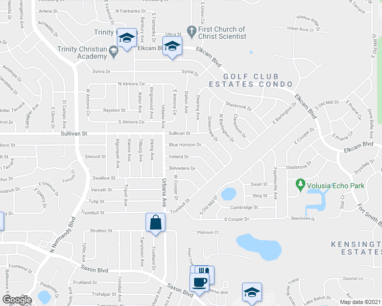 map of restaurants, bars, coffee shops, grocery stores, and more near 1034 Ireland Drive in Deltona