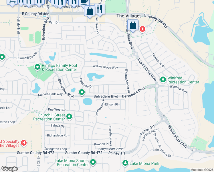 map of restaurants, bars, coffee shops, grocery stores, and more near 2147 Callaway Drive in The Villages