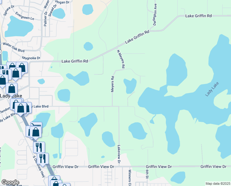 map of restaurants, bars, coffee shops, grocery stores, and more near 39104 Meyers Road in Lady Lake