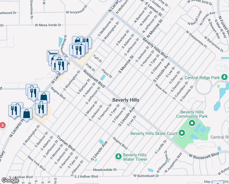 map of restaurants, bars, coffee shops, grocery stores, and more near 33 Roosevelt Boulevard in Beverly Hills
