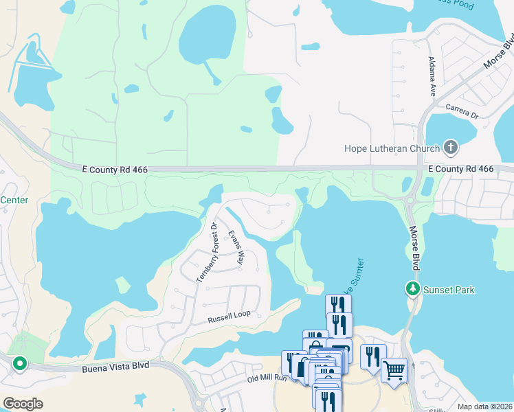 map of restaurants, bars, coffee shops, grocery stores, and more near 652 Ternberry Forest Drive in The Villages