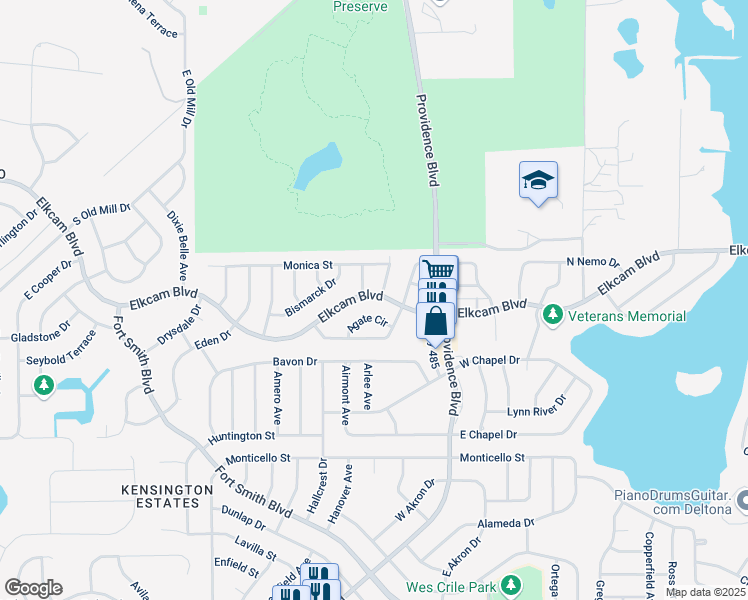 map of restaurants, bars, coffee shops, grocery stores, and more near 1960 Paris Avenue in Deltona