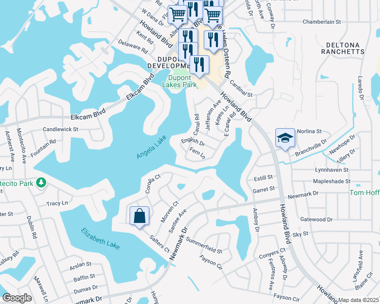 map of restaurants, bars, coffee shops, grocery stores, and more near 2821 English Drive in Deltona