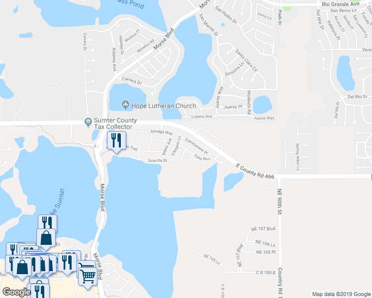map of restaurants, bars, coffee shops, grocery stores, and more near Feliu Run in The Villages