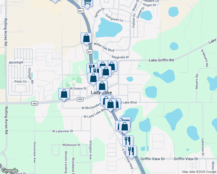 map of restaurants, bars, coffee shops, grocery stores, and more near 129 U.S. 27 in Lady Lake
