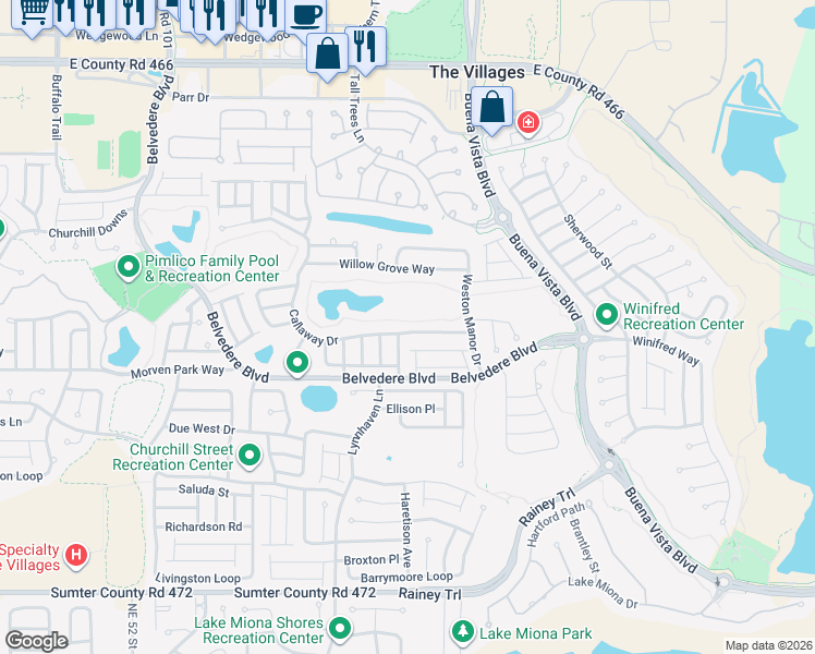 map of restaurants, bars, coffee shops, grocery stores, and more near 2147 Callaway Drive in The Villages